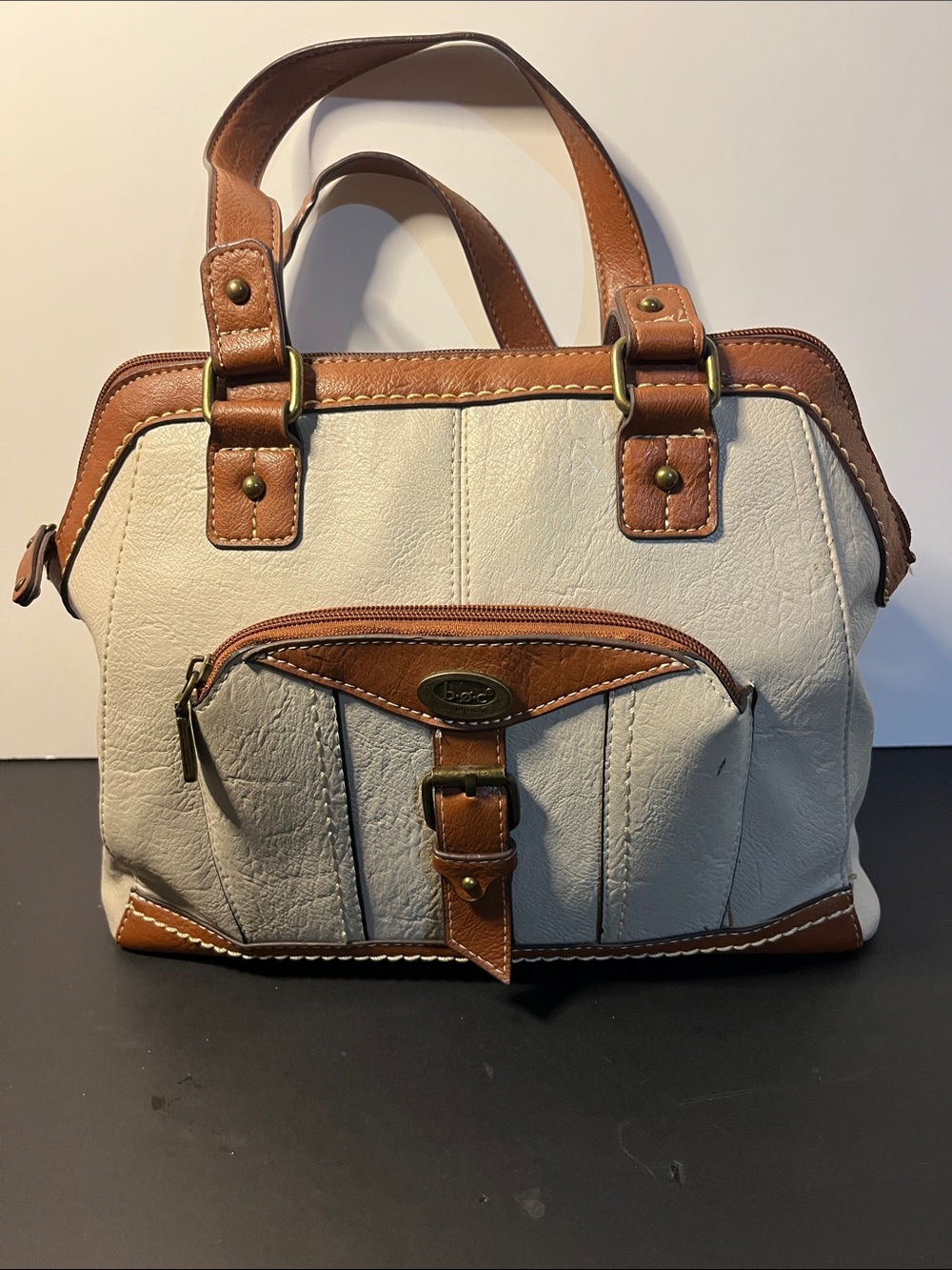 BOC Cream and Tan Structured Satchel Handbag